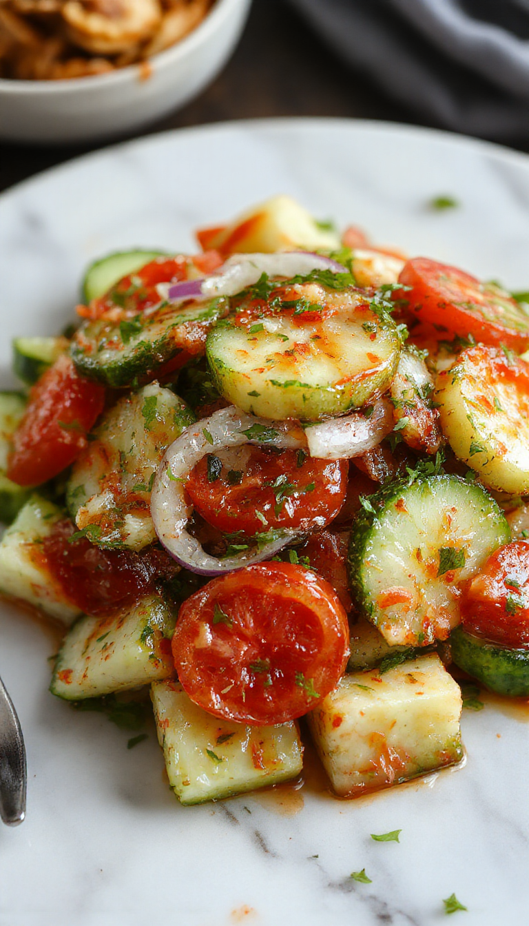 Colorful Marinated Cucumber, Tomato, and Onion Salad in a glass bowl with fresh herbs
