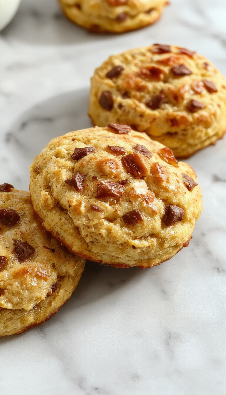 A batch of freshly baked protein biscuits arranged on a rustic wooden table, some broken open to reveal a fluffy, hearty interior.