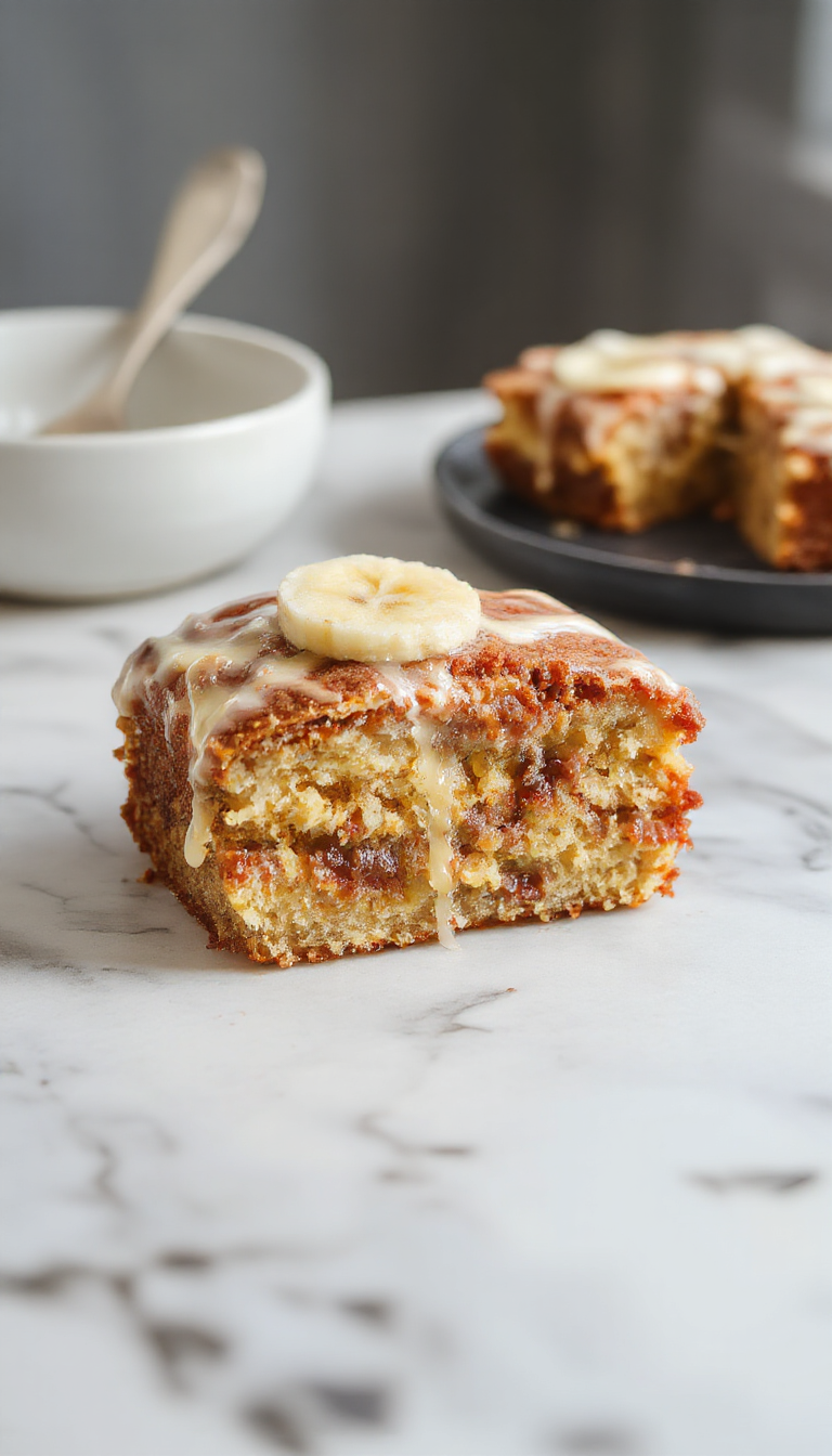 A delicious homemade banana cake topped with whipped cream and sliced bananas, set on a rustic wooden table.
