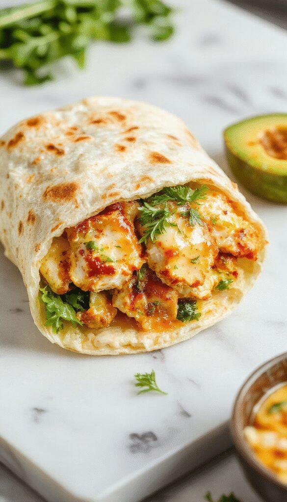 A delicious cheesy garlic chicken wrap filled with tender chicken, melted cheese, fresh greens, and garlic sauce, rolled in a soft tortilla.