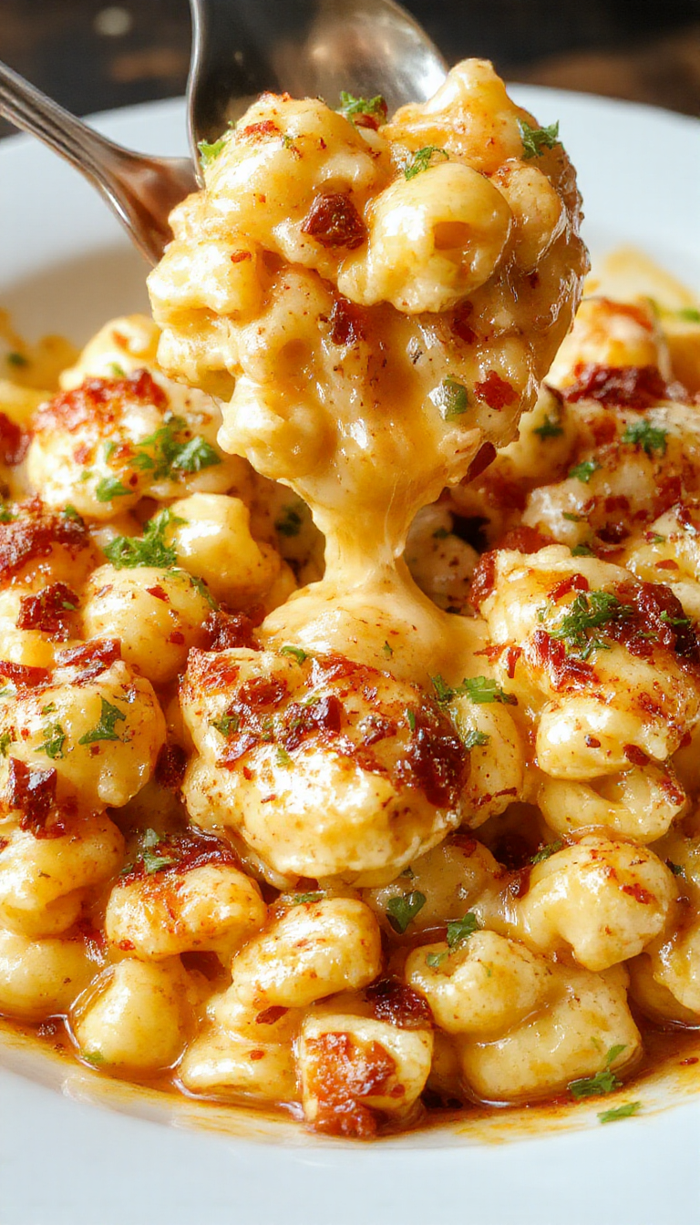 A bowl of Naomi's Sweet & Spicy Honey Pepper Chicken Mac and Cheese topped with glazed chicken pieces and colorful peppers, steaming and creamy.
