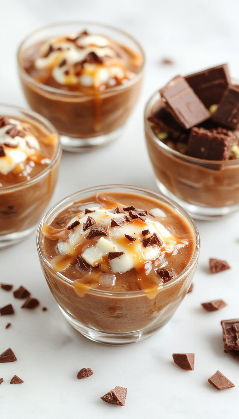 A close-up of no-bake salted caramel chocolate mousse cups topped with sea salt and chocolate shavings, arranged on a stylish dessert plate.