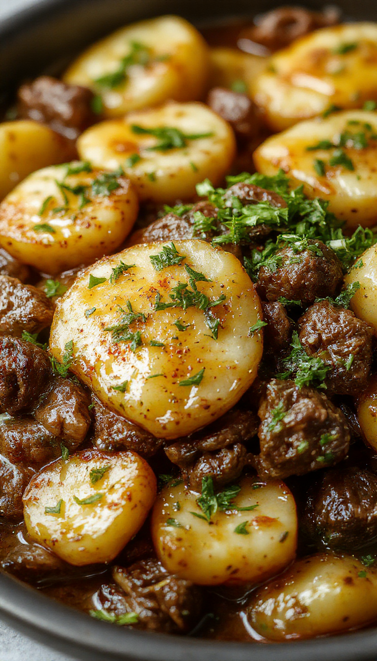A hearty one-pan beef and potato bake with golden-brown roasted potatoes, tender beef chunks, and fresh herbs garnished for serving.