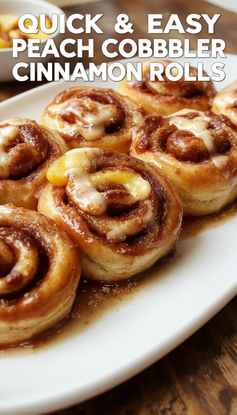 Freshly baked peach cobbler cinnamon rolls with golden crust and melted peach filling, garnished with a sprinkle of cinnamon and sugar.