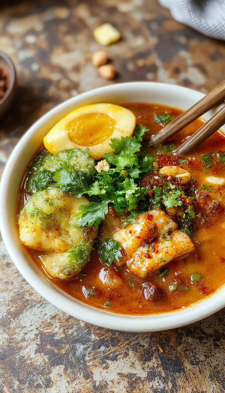 A steaming bowl of vegan ramen topped with colorful vegetables, tofu cubes, and a rich, savory broth, served on a wooden table.