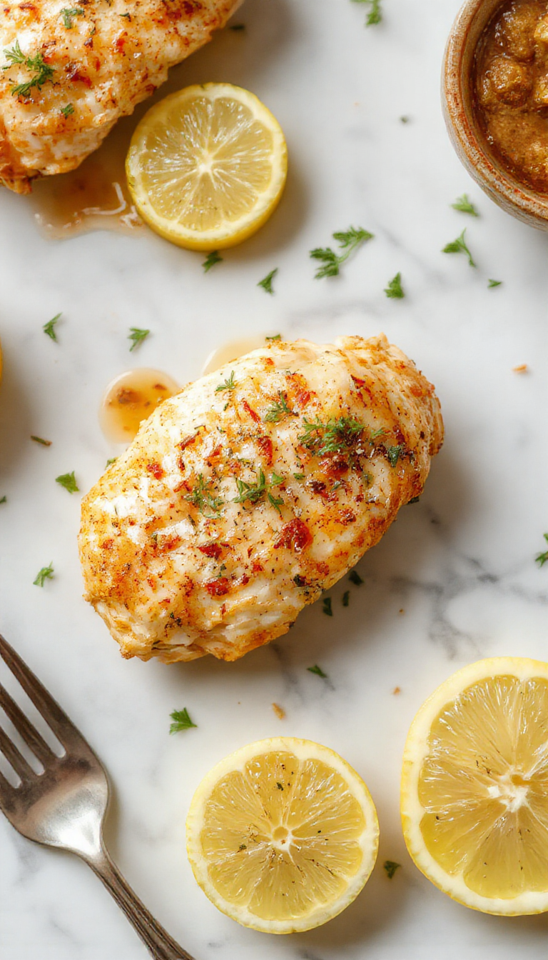 A golden roasted lemon chicken resting on a platter with fresh herbs and lemon slices, surrounded by roasted vegetables.