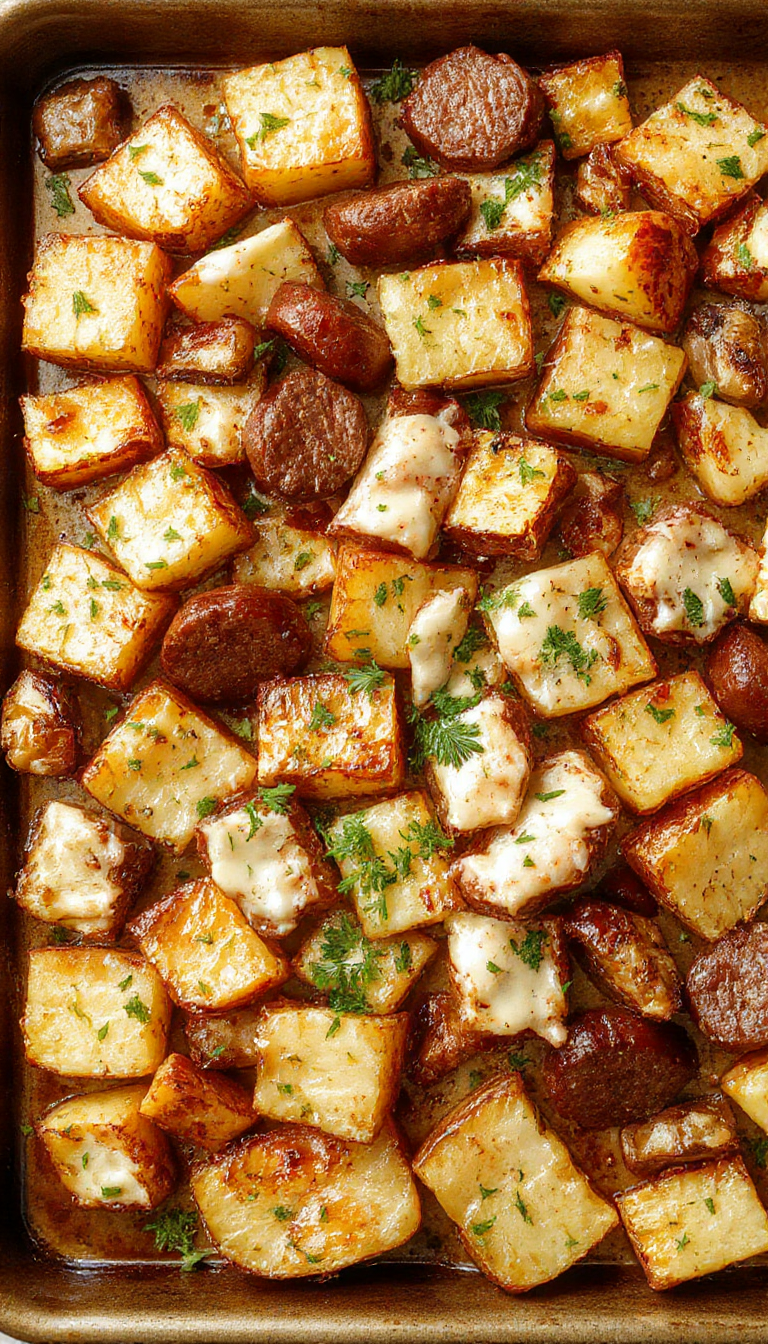 A colorful sheet pan featuring crispy roasted potatoes topped with melted cheese, garnished with fresh herbs, alongside slices of smoked sausage.