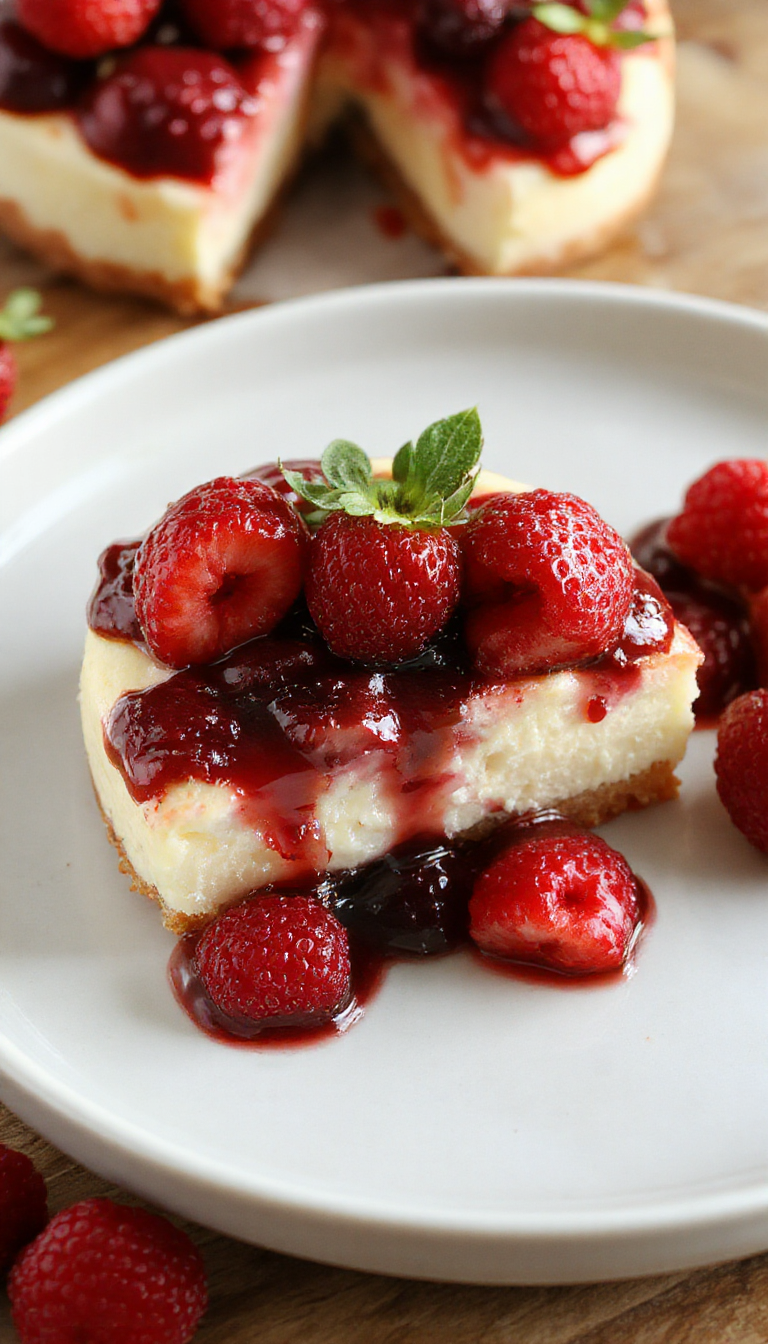 A slice of creamy simple strawberry cheesecake topped with fresh strawberries on a elegant plate
