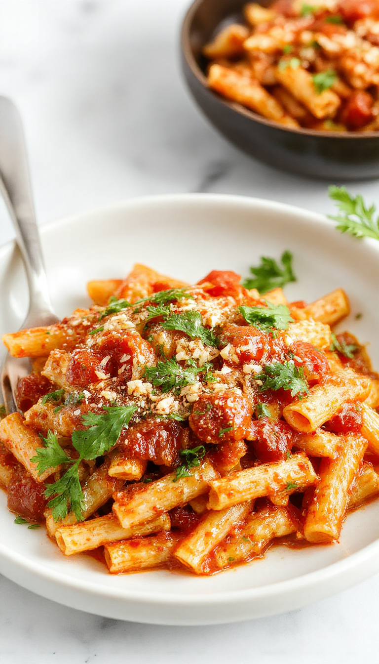 A plate of spicy Arrabiata Penne pasta topped with fresh herbs and chili flakes, showcasing vibrant red sauce and perfectly cooked pasta.