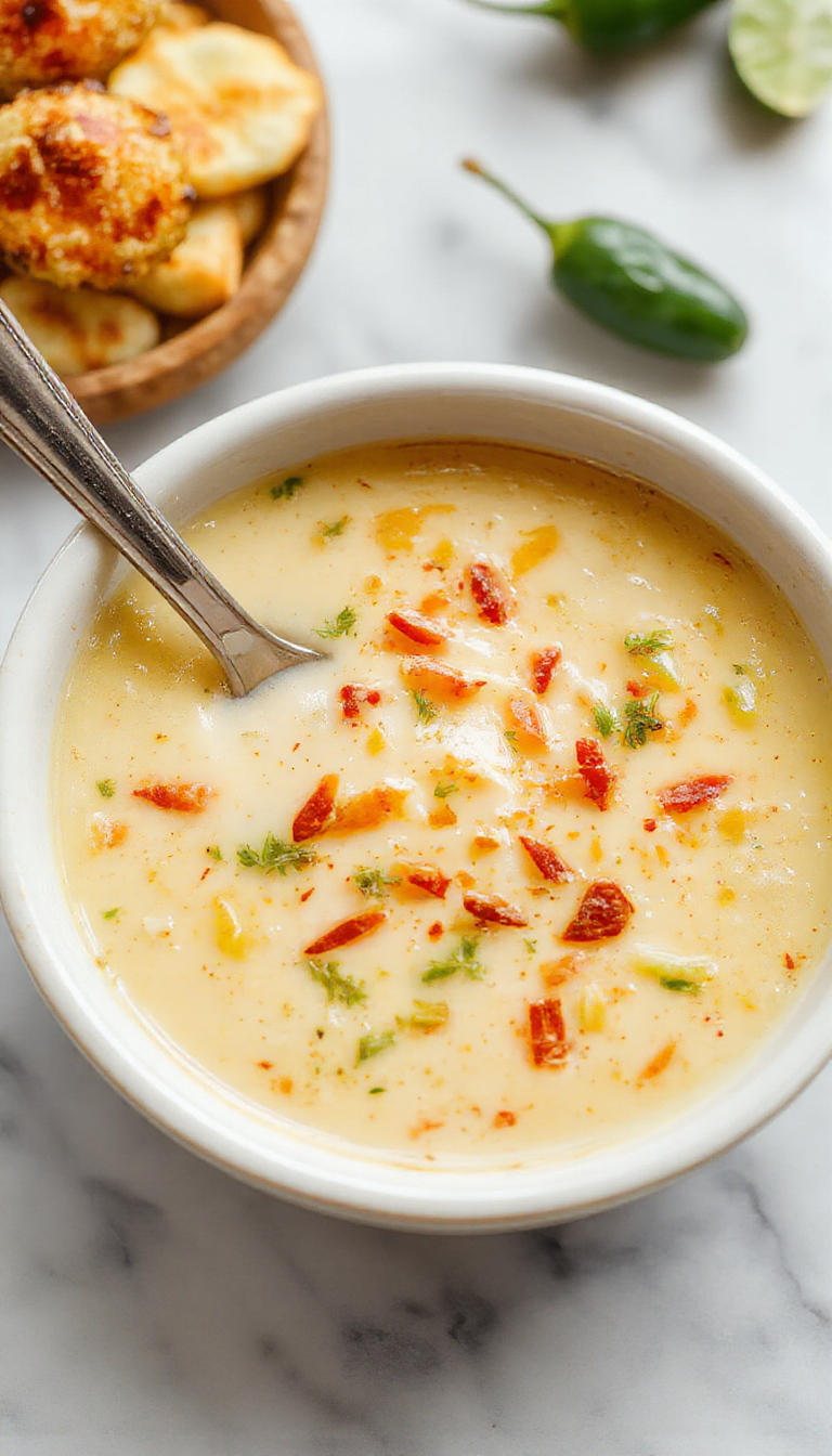 A steaming bowl of Spicy Cheesy Jalapeño Popper Soup topped with melted cheese, crispy bacon pieces, and fresh chopped green onions, served with crusty bread on the side.