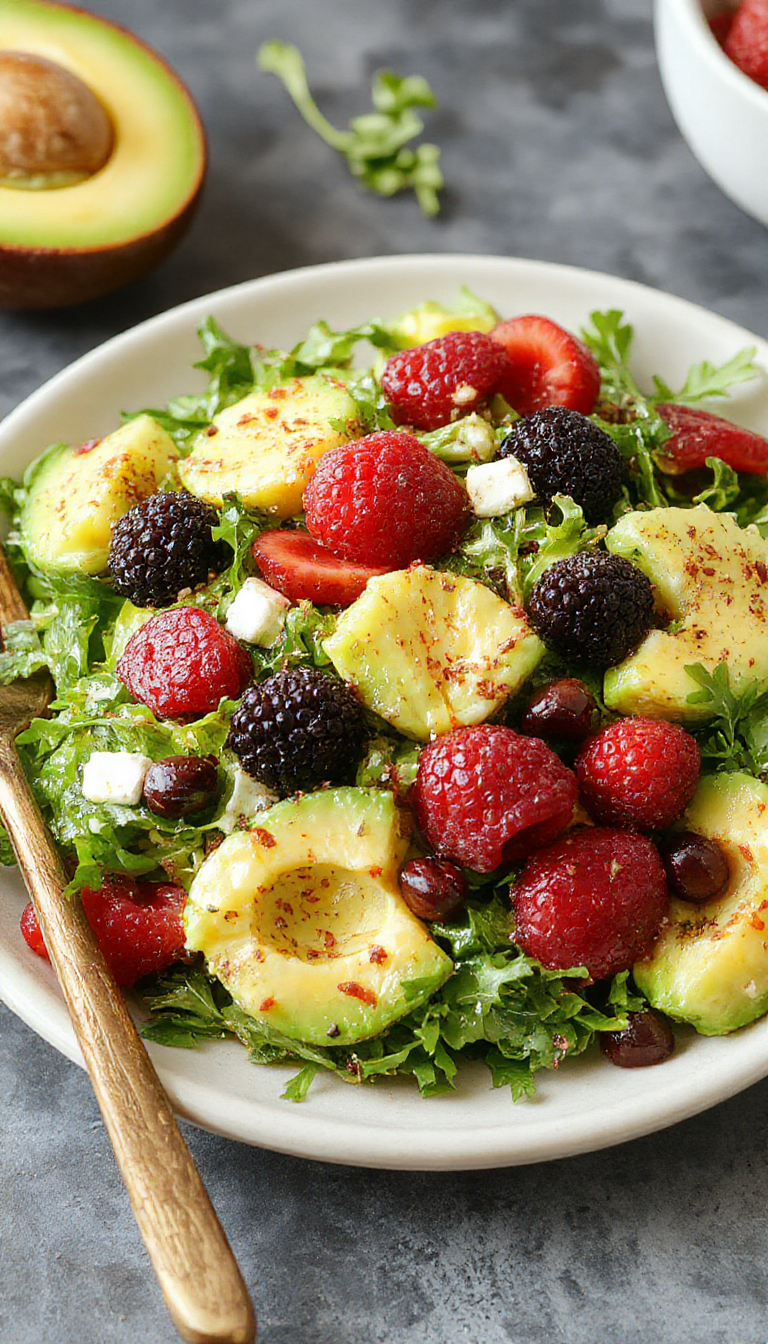 A vibrant Summer Berry Avocado Arugula Salad in a white bowl, topped with fresh berries, sliced avocado, and sprinkled with nuts and feta.