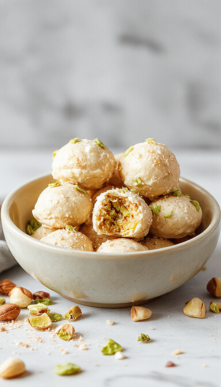 Close-up of sweet no-bake ricotta pistachio honey bites arranged on a white plate, showcasing their creamy texture and vibrant green pistachio toppings.