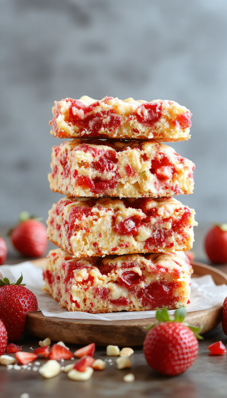 A close-up of sweet and tangy strawberry lemon blondies arranged on a white plate, showcasing their golden crust and vibrant strawberry and lemon swirls.