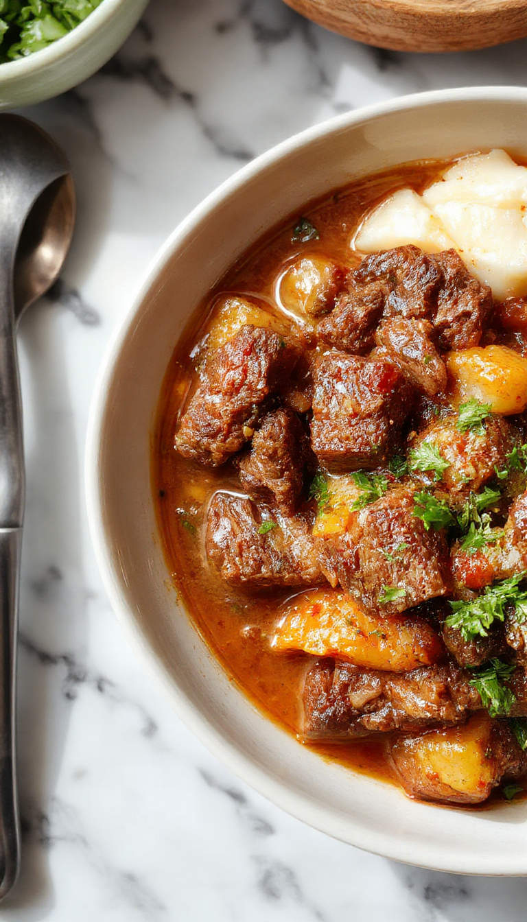 A steaming bowl of tender slow cooker beef curry garnished with fresh coriander and served with rice.