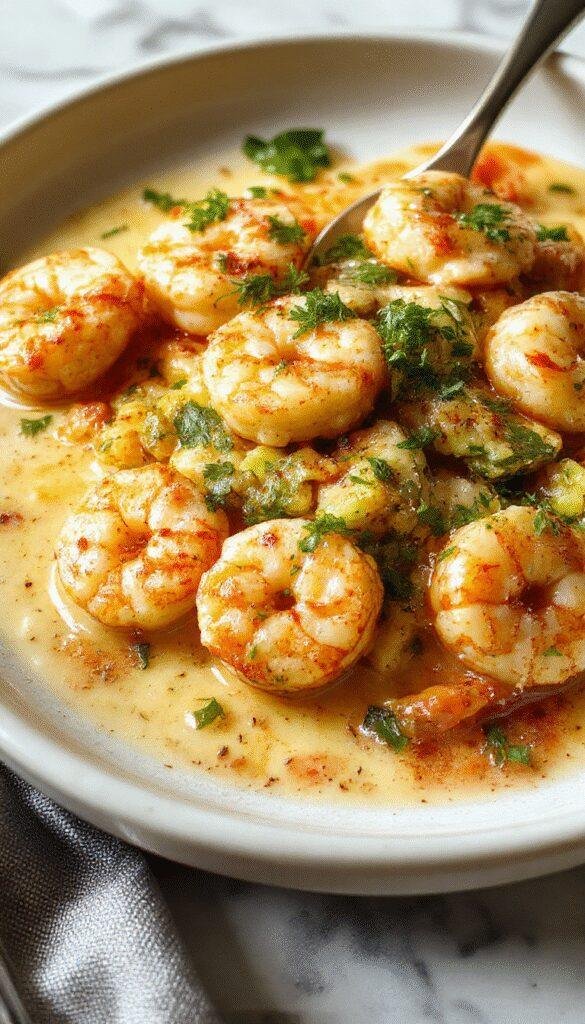 A plate of creamy Tuscan shrimp garnished with fresh herbs and served with crusty bread, showcasing a rich, flavorful sauce with tender shrimp.
