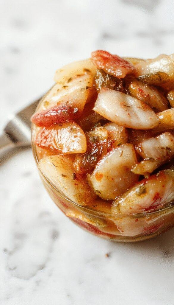 A small jar of vibrant pickled onions garnished with herbs on a rustic wooden surface