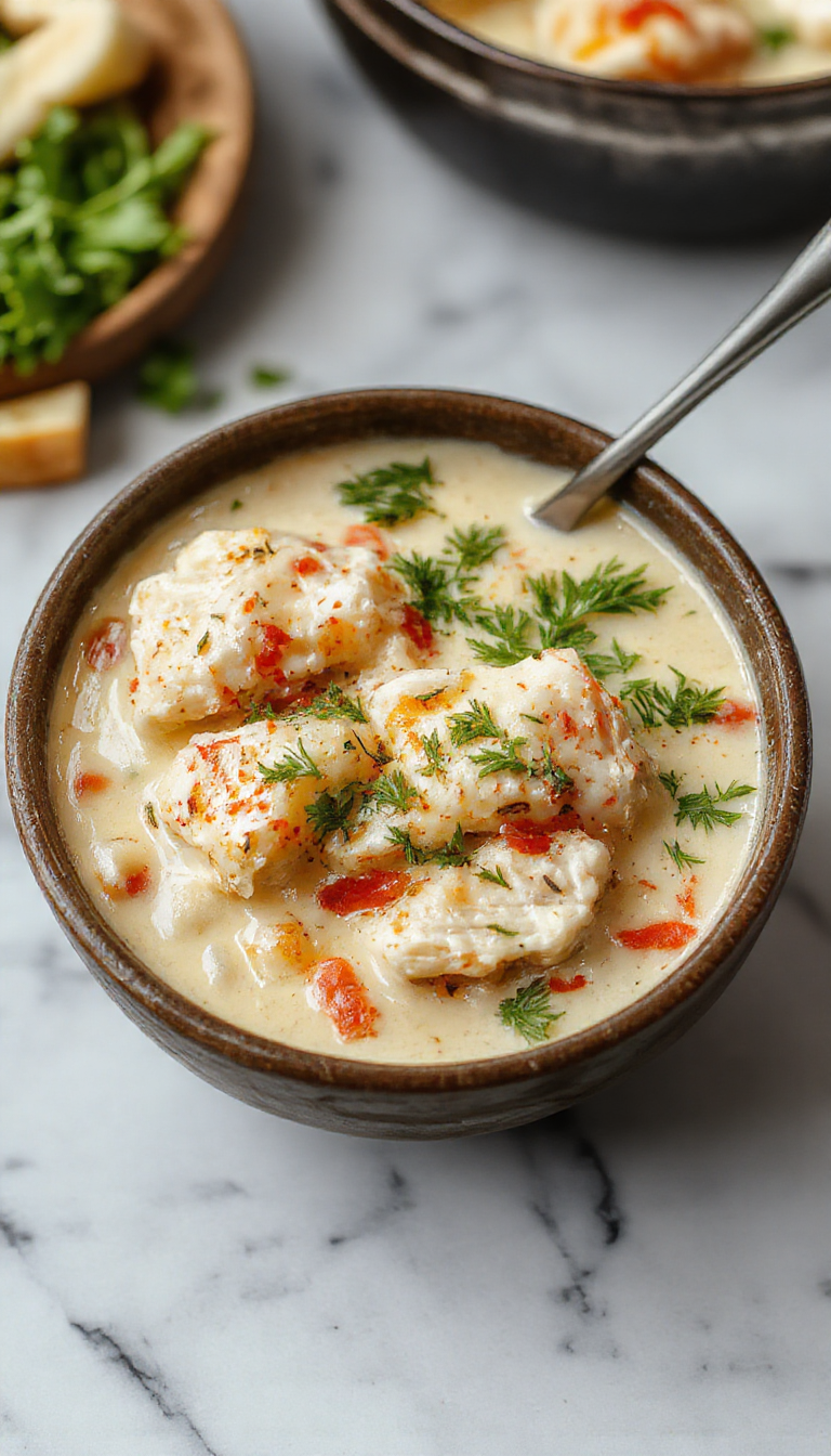 A warm bowl of White Chicken Lasagna Soup garnished with fresh herbs, featuring shredded chicken, creamy broth, and layers of cheese, with a loaf of bread on the side.