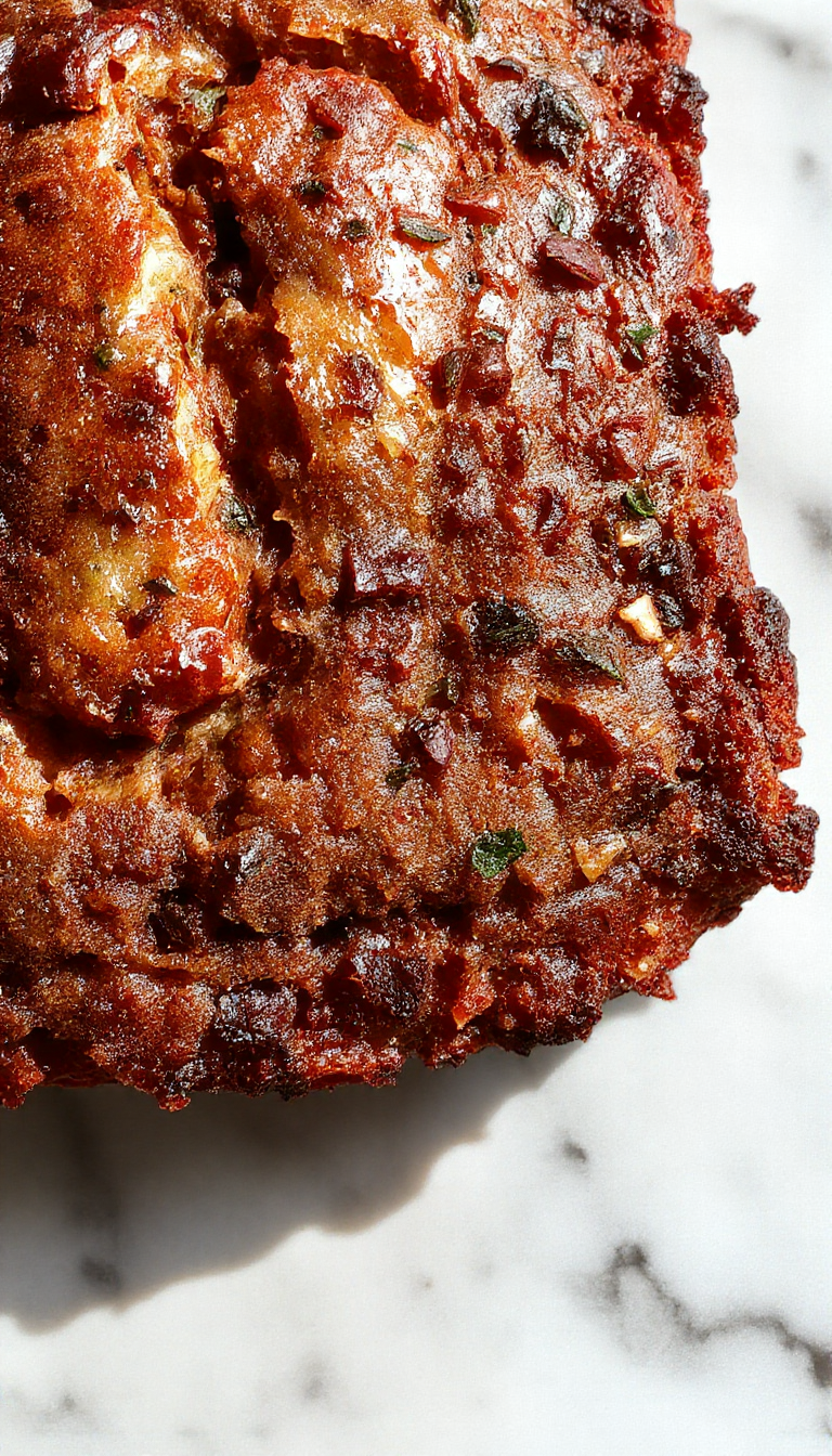 A slice of moist zucchini bread studded with nuts, served on a rustic plate with a coffee cup beside.