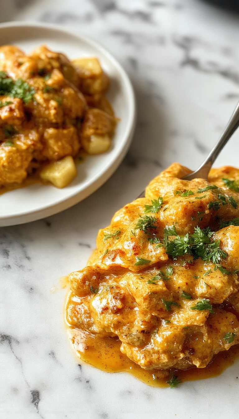 A bowl of rich, creamy butter chicken garnished with fresh coriander and served with naan bread.