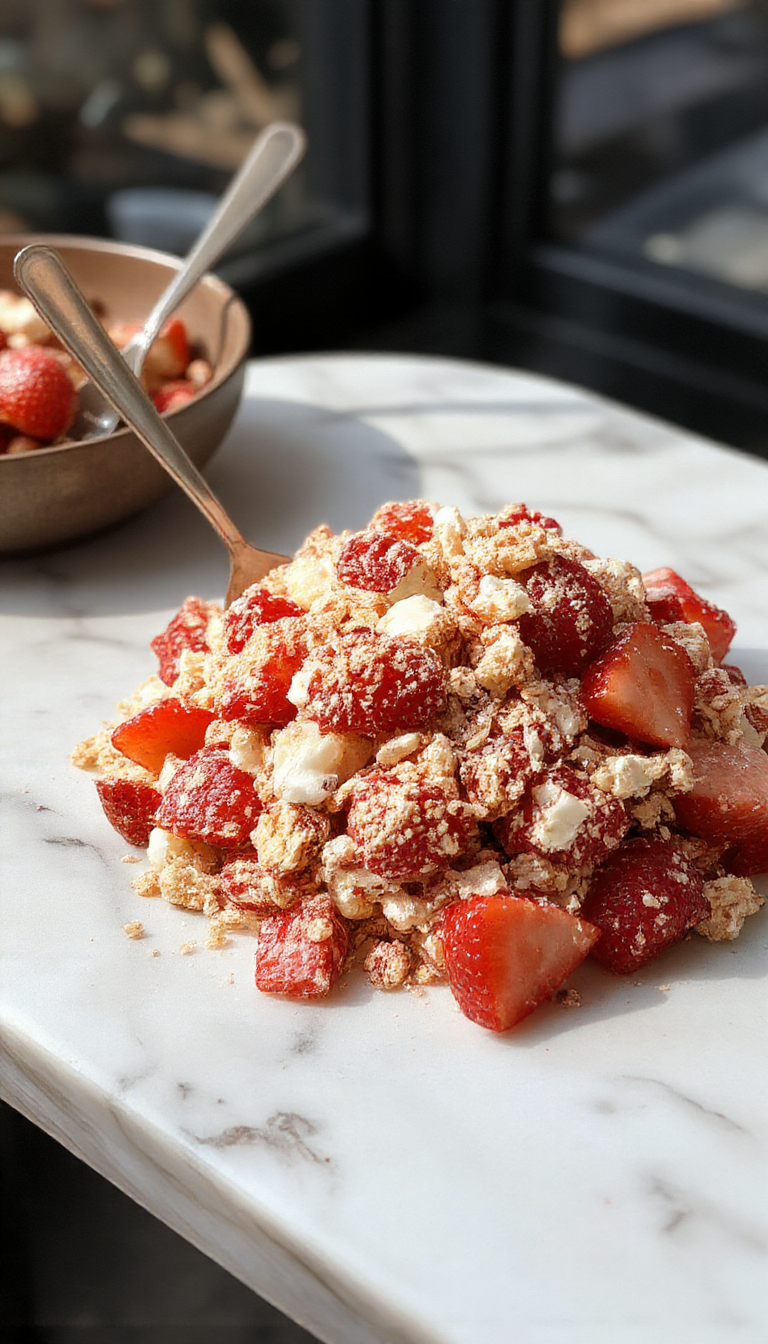 A vibrant bowl of Strawberry Crunch Salad featuring fresh strawberries, crunchy toppings, and colorful garnishes on a white plate.