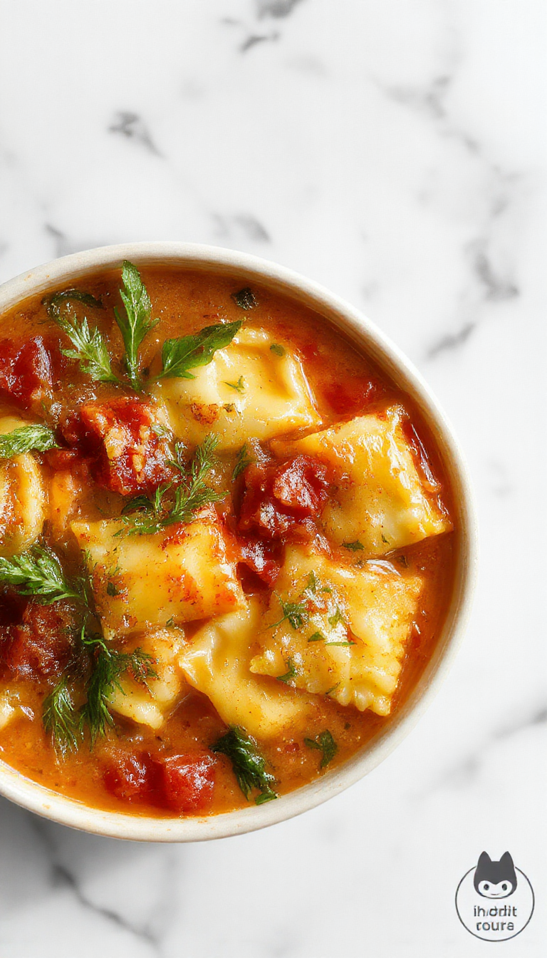 A steaming bowl of Tuscan Ravioli Soup garnished with fresh herbs, featuring colorful ravioli floating in a savory broth.