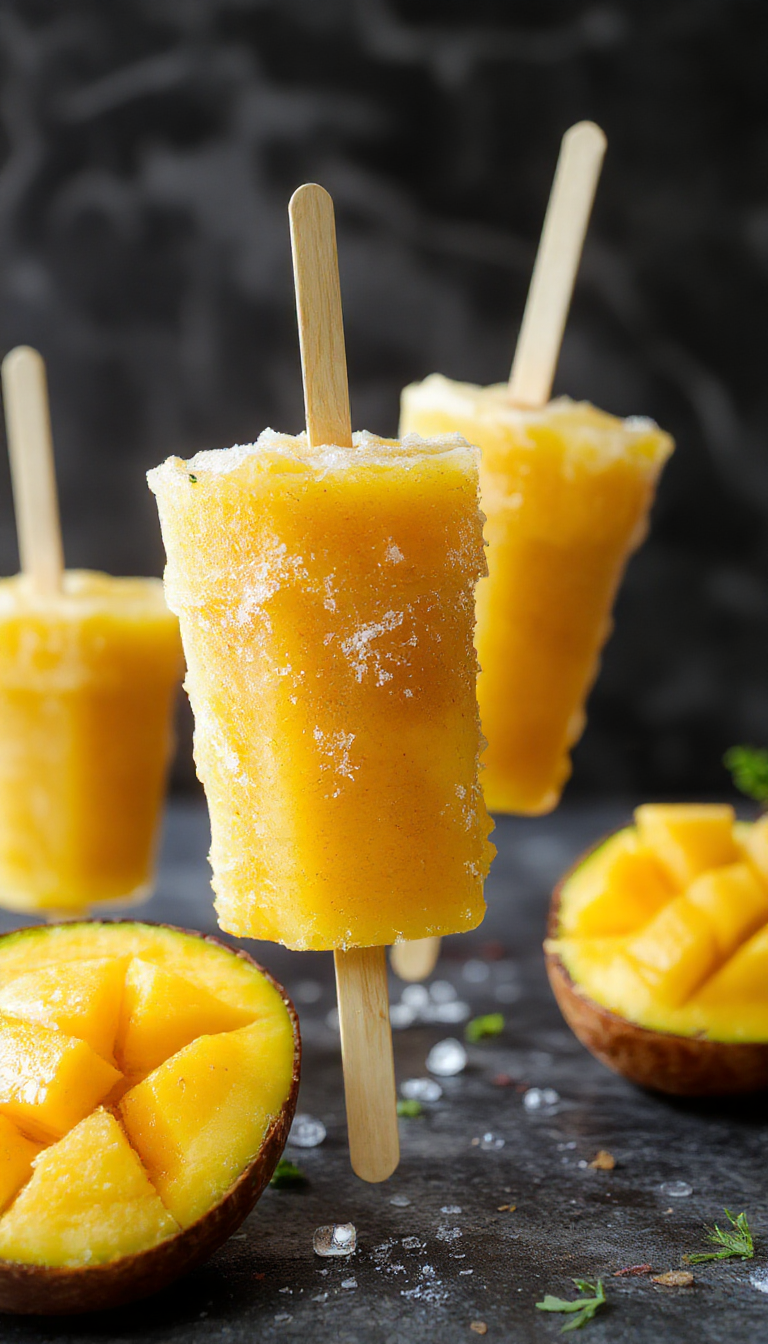 Colorful Tropical Mango Coconut Popsicles featuring vibrant orange and white layers in clear plastic molds, garnished with fresh mint leaves.