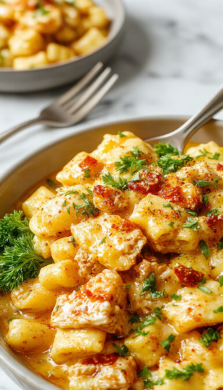 A delicious baked pasta dish featuring ground turkey, melted cheese, and hearty pasta, served in a ceramic baking dish garnished with fresh herbs.