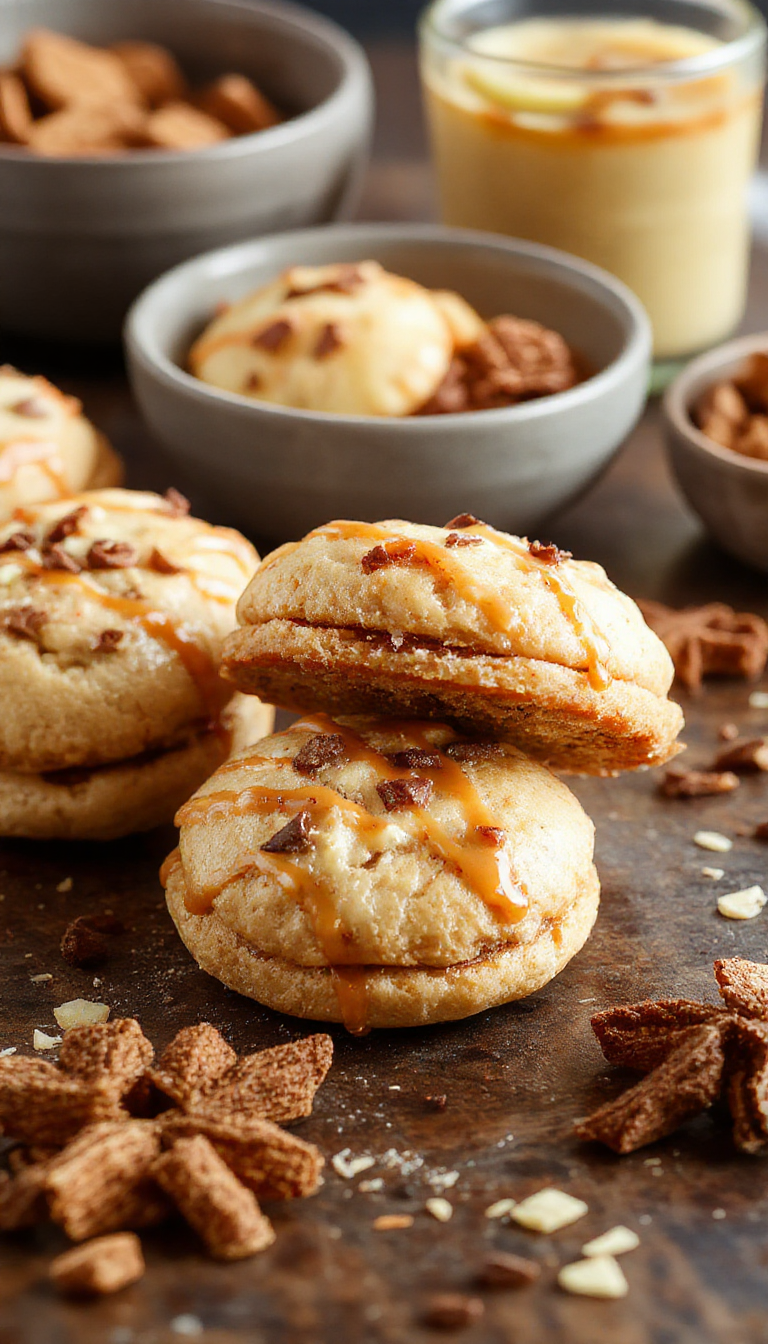 A batch of cozy caramel apple cider whoopie pies with swirled caramel frosting and apple slices on a rustic wooden table