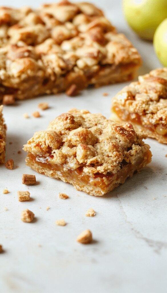 A tray of golden apple crisp shortbread bars topped with cinnamon and caramelized apple slices, showcasing a warm, homemade dessert.