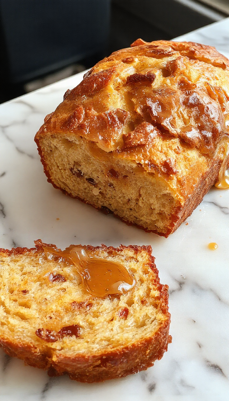 A freshly sliced banana bread swirl topped with honey and vanilla beans, showcasing its golden crust and moist interior.
