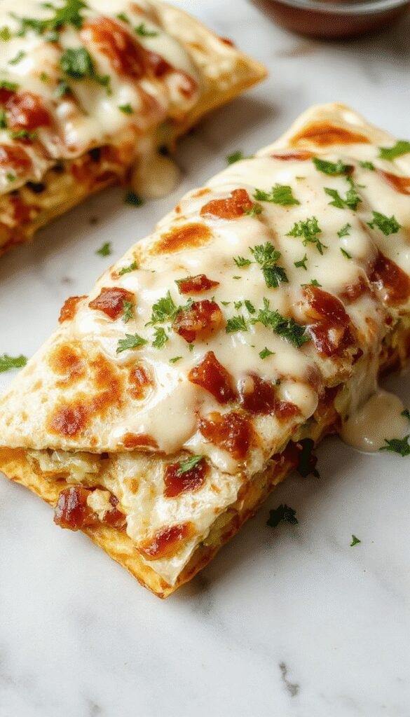 A close-up of crispy quesadillas filled with melted cheese, seasoned chicken, crispy bacon, and streaks of ranch dressing, garnished with fresh herbs.