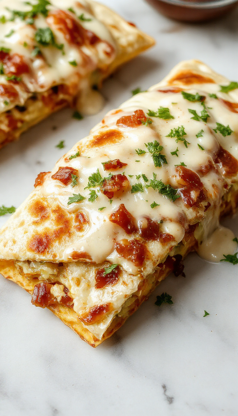 A close-up of crispy quesadillas filled with melted cheese, seasoned chicken, crispy bacon, and streaks of ranch dressing, garnished with fresh herbs.
