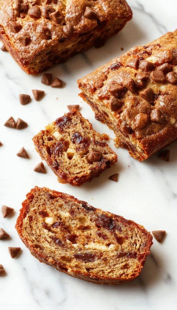 A freshly sliced Viral Chocolate Chip Banana Bread showcasing its moist inside filled with melted chocolate chips and slices of ripe bananas on top.