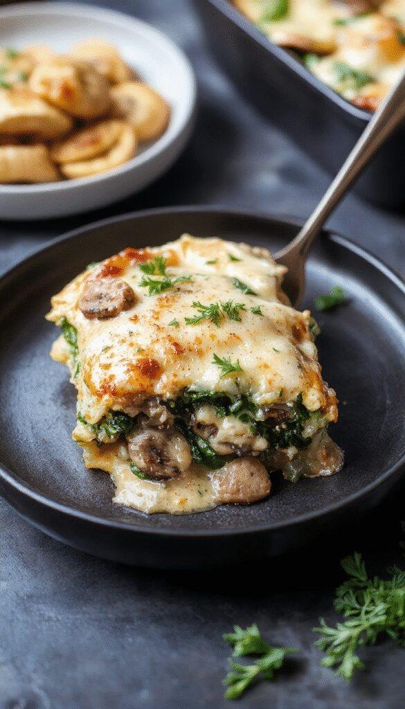 A delicious slice of viral creamy mushroom and spinach lasagna on a plate, showcasing layers of cheese, mushrooms, and fresh spinach.