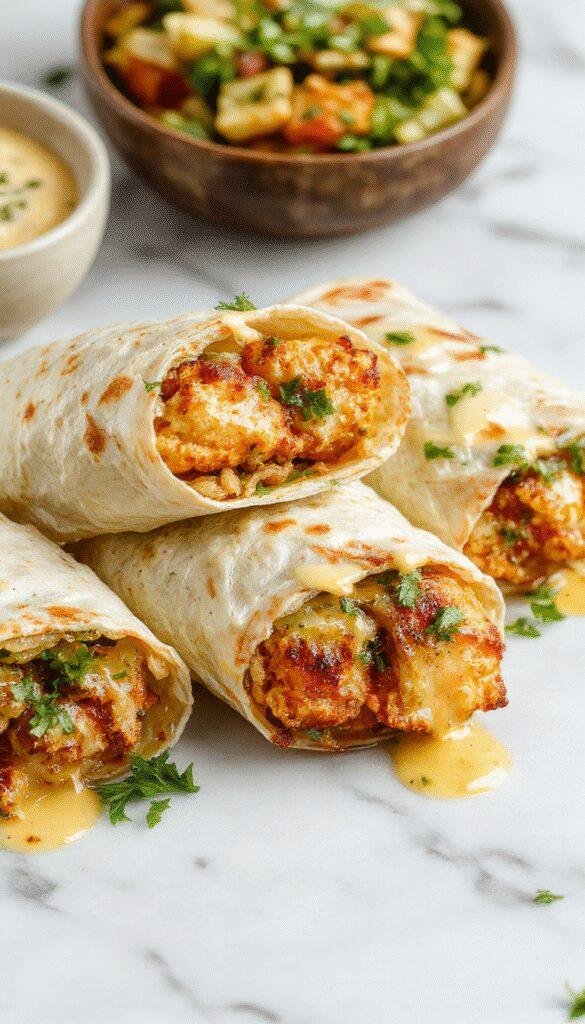 A plate of delicious Viral Garlic Butter Chicken Wraps featuring juicy chicken pieces wrapped in soft tortillas, garnished with fresh herbs and melted butter.