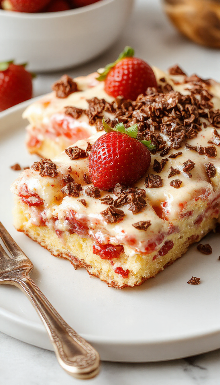 A vibrant strawberry cheesecake dump cake in a glass dish, topped with fresh strawberries and whipped cream, showcasing its rich and creamy texture.