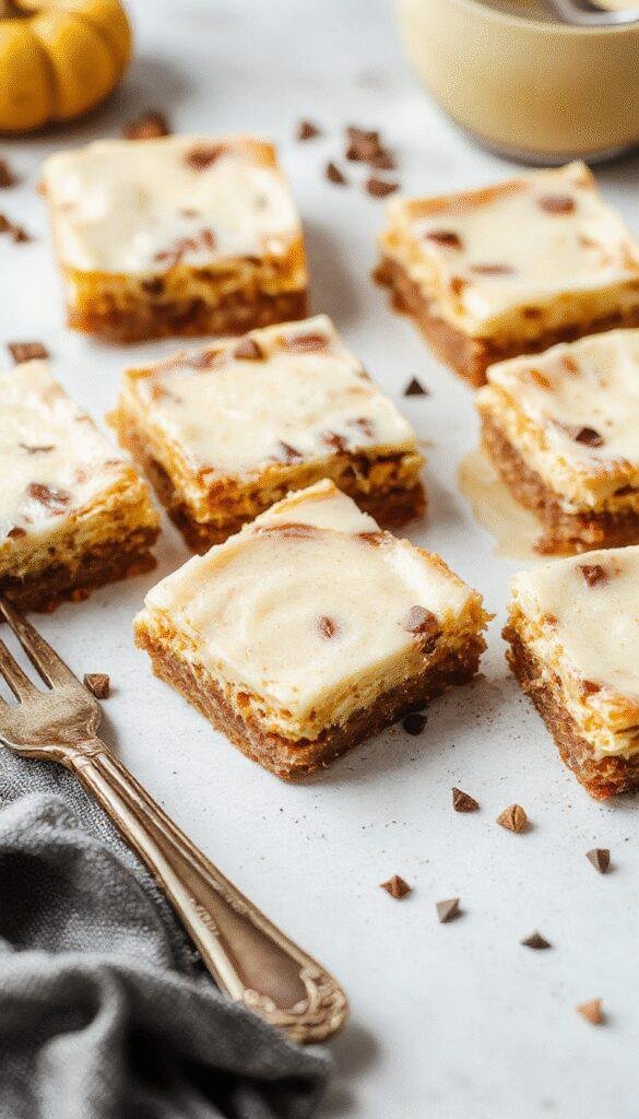 Viral Vegan Pumpkin Cheesecake Bars showcasing a smooth pumpkin filling on a crispy Biscoff crust, topped with a sprinkle of cinnamon and vegan whipped cream.