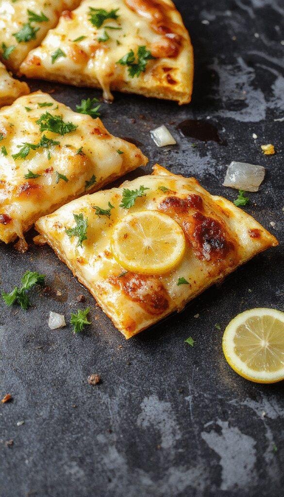 A vibrant lemon pizza topped with slices of fresh lemon, herbs, and a crispy golden crust, showcasing a bright and tangy flavor.