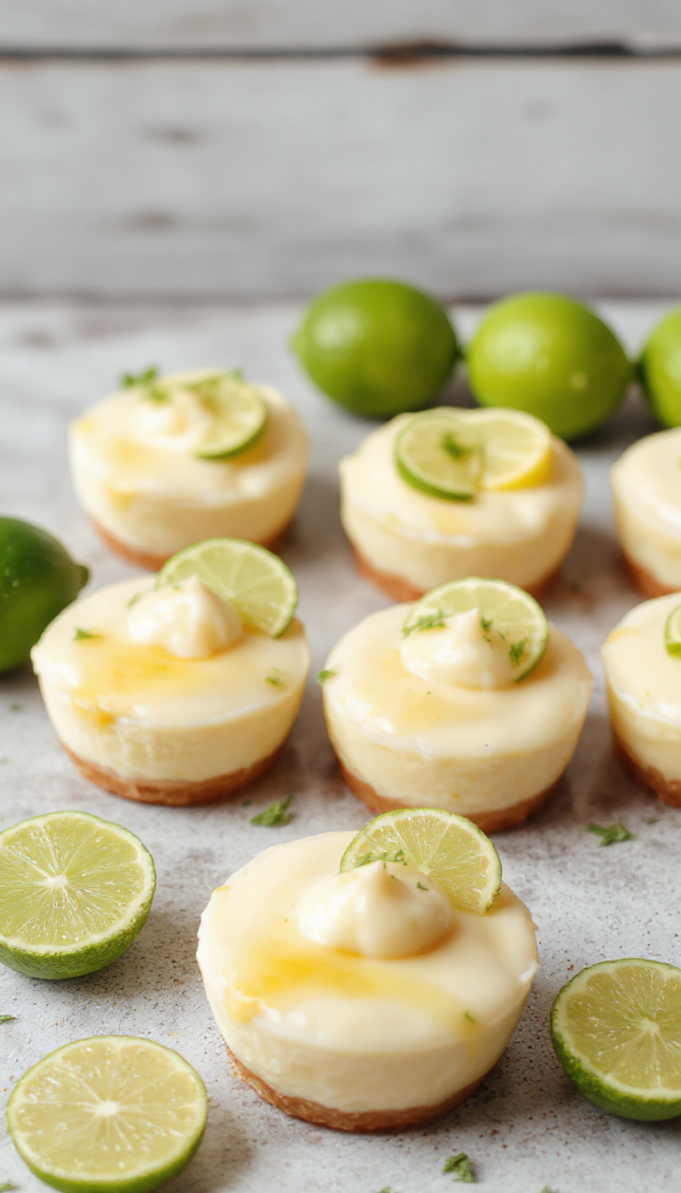 Mini key lime pies with vibrant green filling and graham cracker crust, garnished with lime slices and whipped cream, displayed on a summer-themed table.