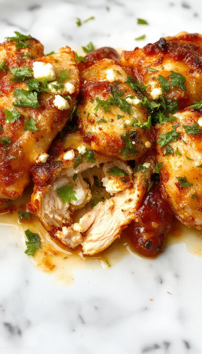 A sizzling plate of fiery feta chicken garnished with fresh herbs, served with colorful vegetables on a rustic wooden table.