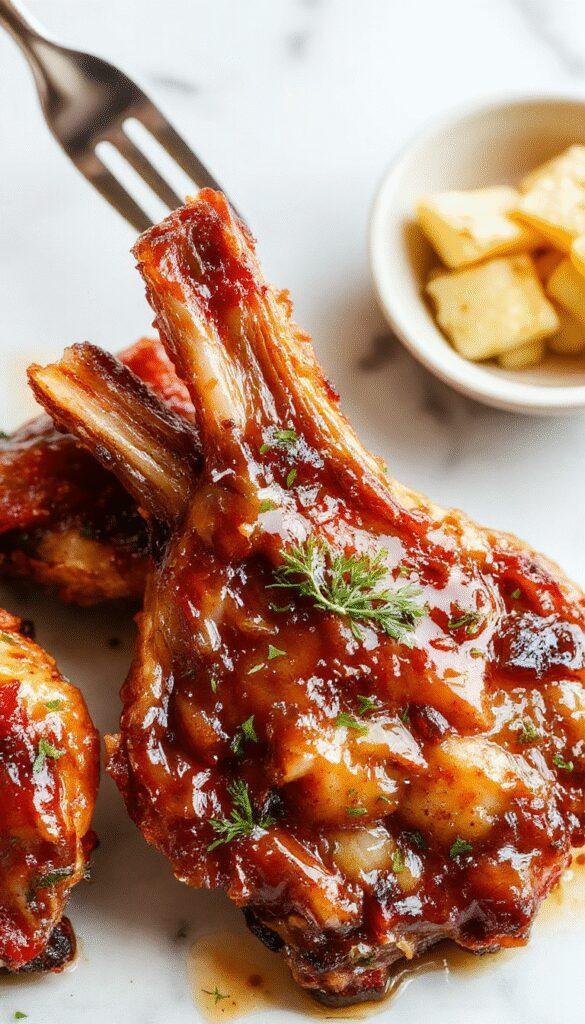 Close-up of perfectly cooked pork chops glazed with glossy brown sugar sauce, plated on a rustic wooden table with fresh herbs and a side of vegetables, showcasing a crispy caramelized exterior and tender juicy interior, styled with a sprig of thyme and a drizzle of sauce, warm lighting highlights the rich colors and textures.