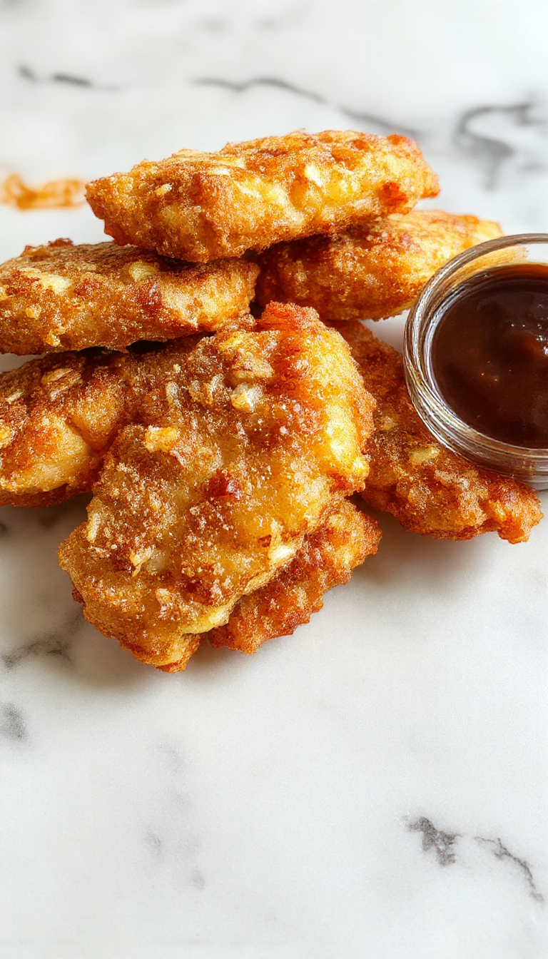 Golden apple sticks coated in crispy batter, being air-fried until light and crunchy, served as a delightful sweet snack
