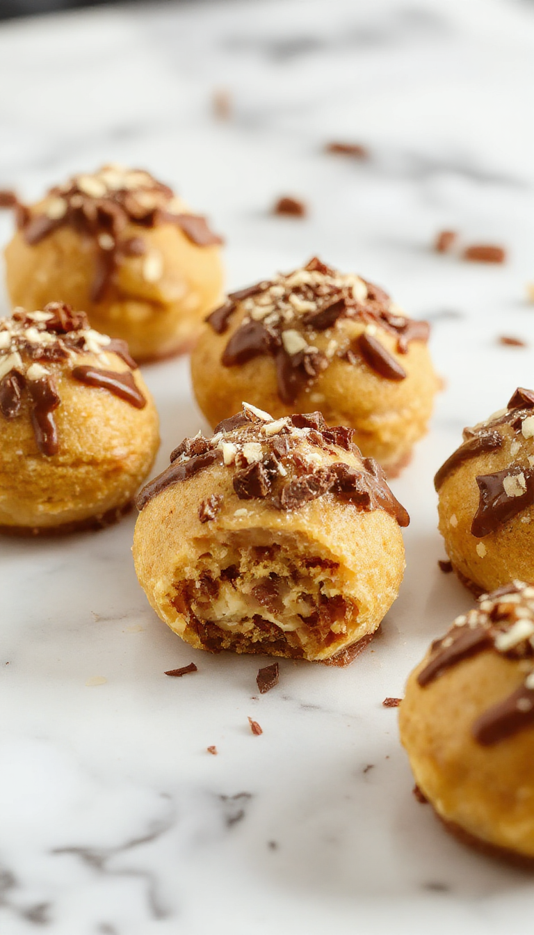 Close-up of creamy pumpkin cheesecake truffles coated in chocolate with autumn leaves in the background.