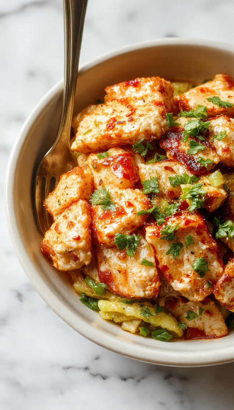 A vibrant chicken bowl featuring crispy golden-brown shredded chicken coated in a creamy spicy sauce, garnished with chopped green onions, sesame seeds, and colorful bell peppers on a clean white plate with a background of fresh ingredients and a wooden table.