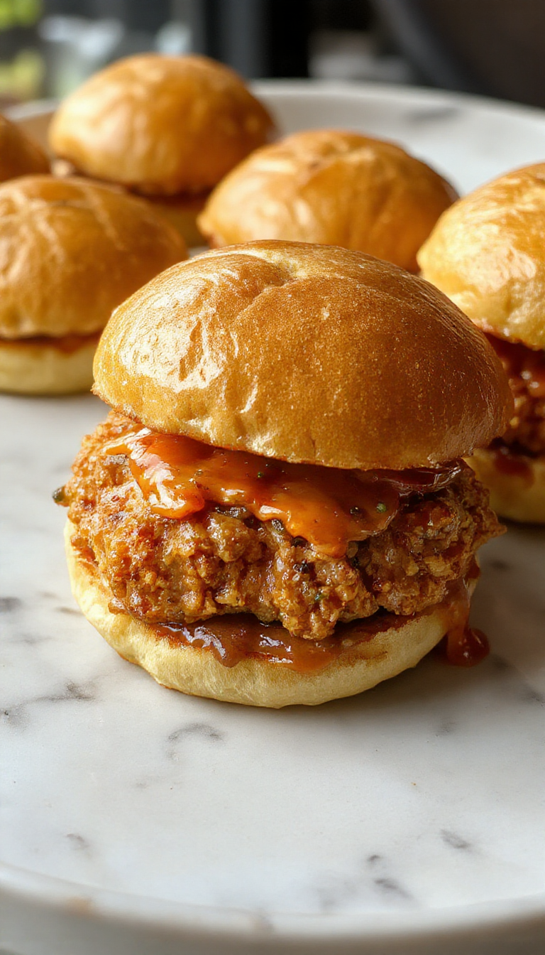 Close-up of Bang Bang Chicken Sliders with crispy chicken, spicy mayo, and fresh scallions on small slider buns