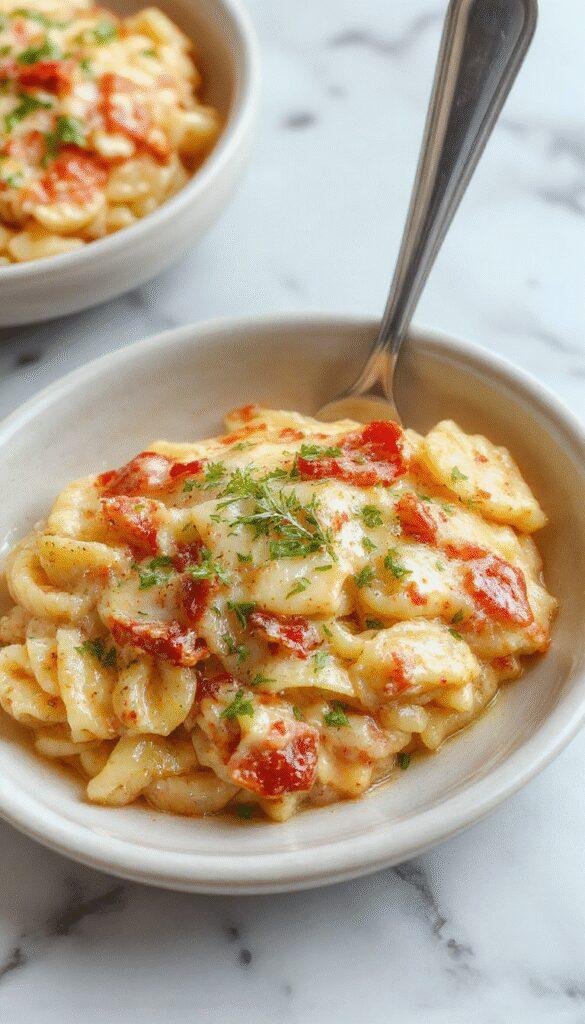 A vibrant plate of creamy orzo pasta garnished with fresh herbs and cherry tomatoes, served on a stylish white dish with a rustic wooden background, showcasing smooth textures and colorful ingredients.