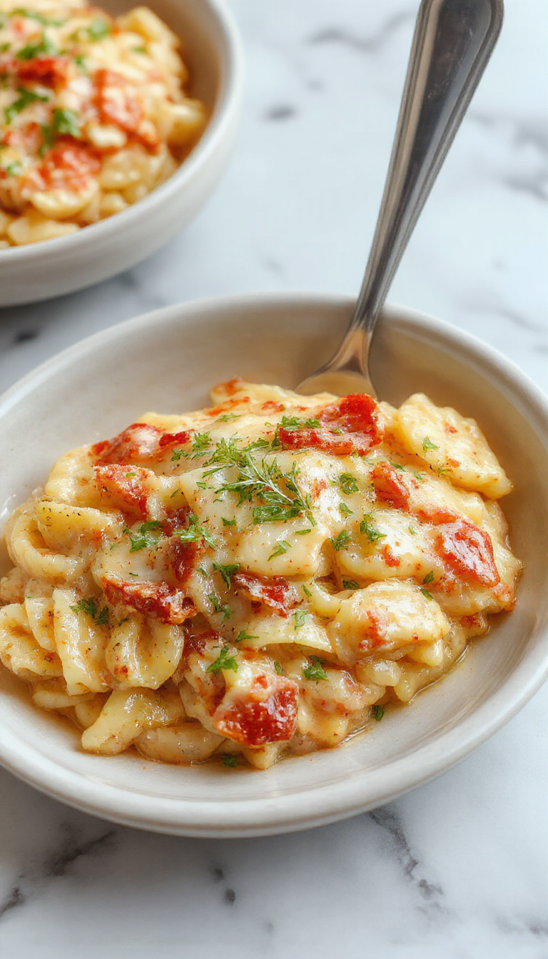A vibrant plate of creamy orzo pasta garnished with fresh herbs and cherry tomatoes, served on a stylish white dish with a rustic wooden background, showcasing smooth textures and colorful ingredients.