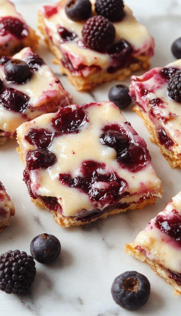 A close-up of blueberry cream cheese bars showcasing a golden-brown crust topped with swirls of creamy white cheese and fresh blueberries. The bars are arranged on a rustic white plate with a sprig of mint, with a few crumbs and blueberries scattered around, highlighting the luscious textures and vibrant colors.
