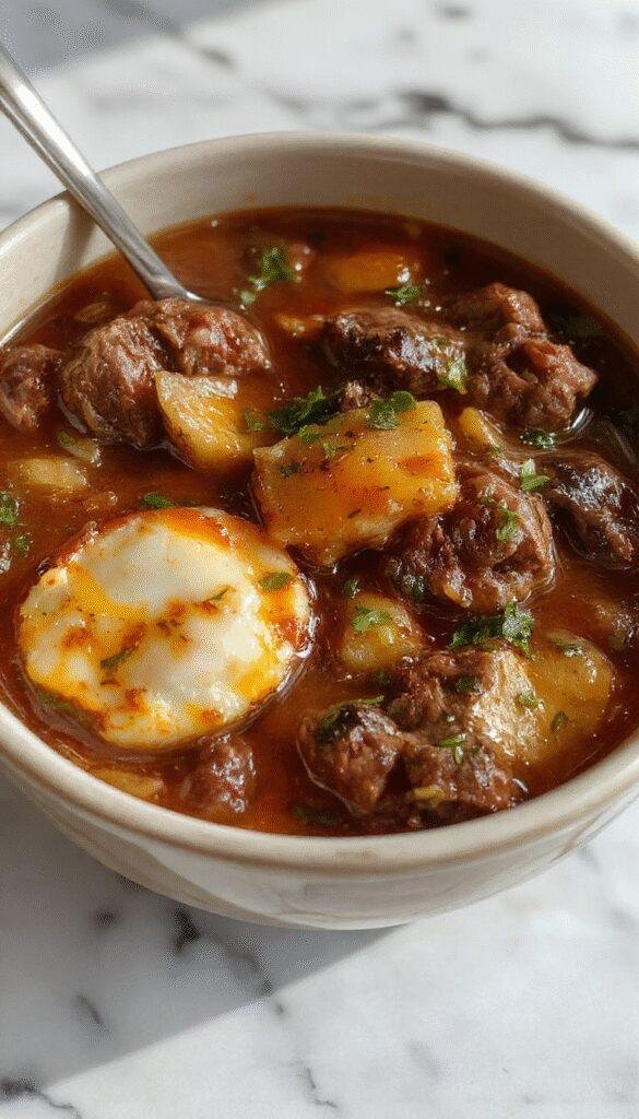 A steaming bowl of Bubbling Brew Beef Stew with tender beef chunks, vegetables, and a spooky bubbling effect, served in a cauldron-style pot.