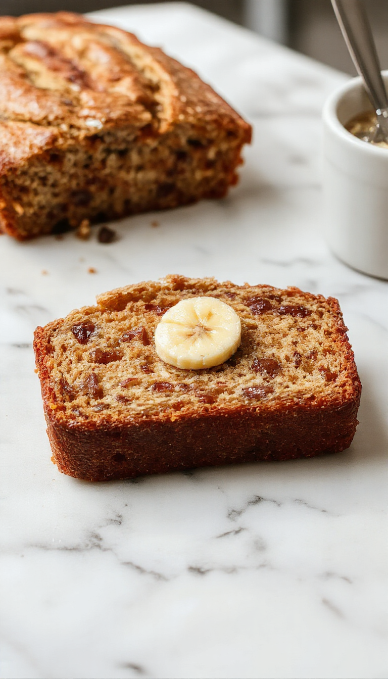 A slice of cafe-style banana bread on a wooden plate, garnished with nuts and a drizzle of honey, with a steaming cup of coffee beside it